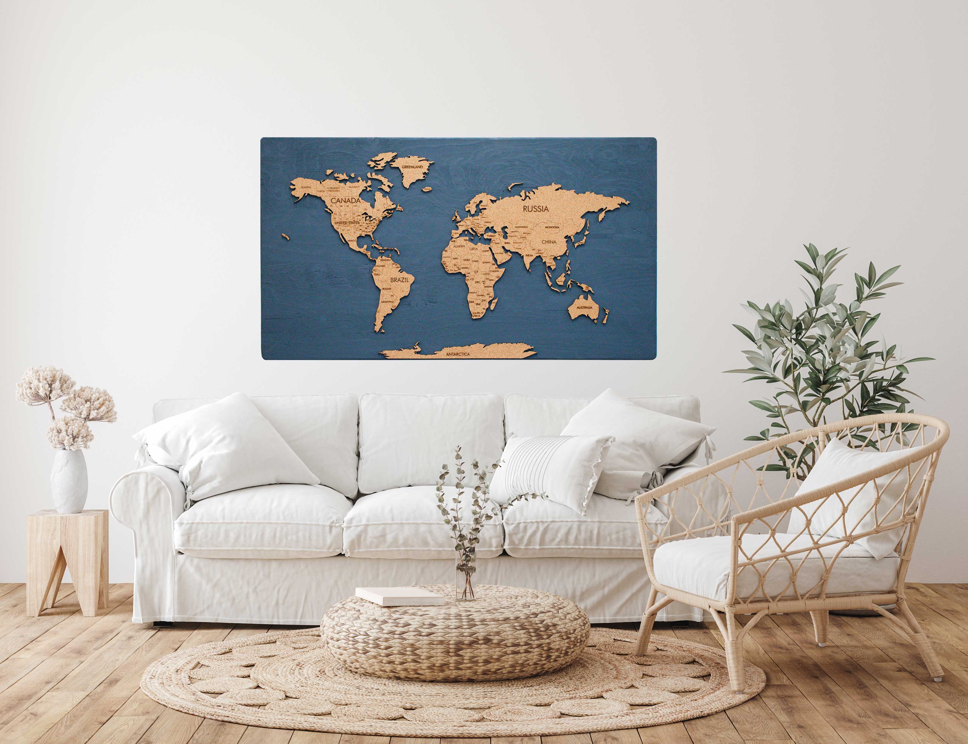 Cork & Wood 3D World Pin Map | 44 x 24 | Labelled