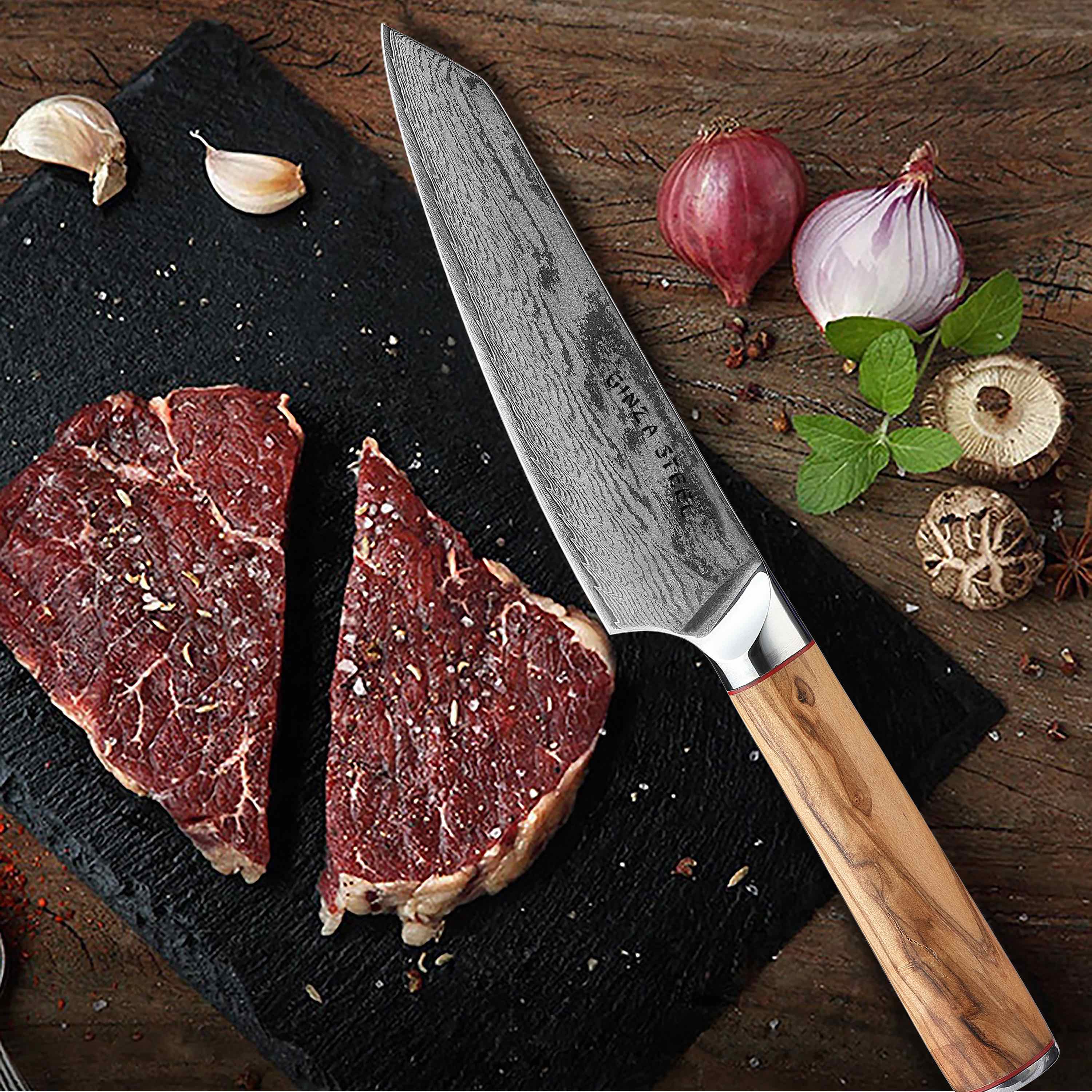 Ginza Steel MIA 17 Chef Knife 6.5” – Damascus AUS10 Steel, 67-Layer, Olive Wood Handle