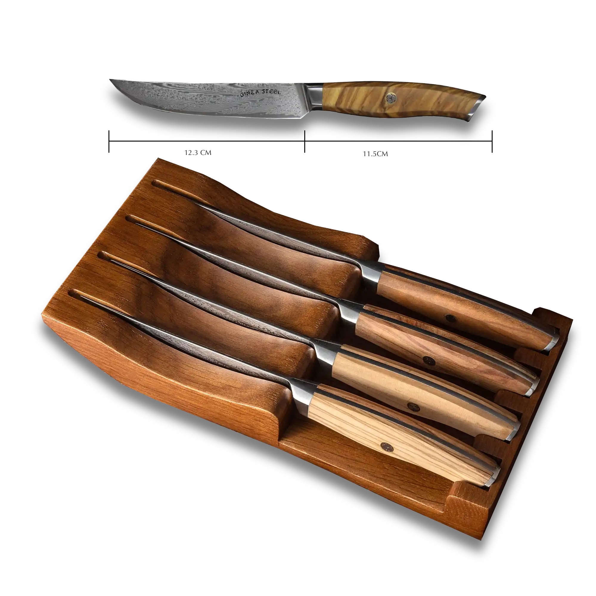 Ginza Steel AMELIA Five – 4-Piece VG10 Damascus Steel Steak Knife Set with Wood Block