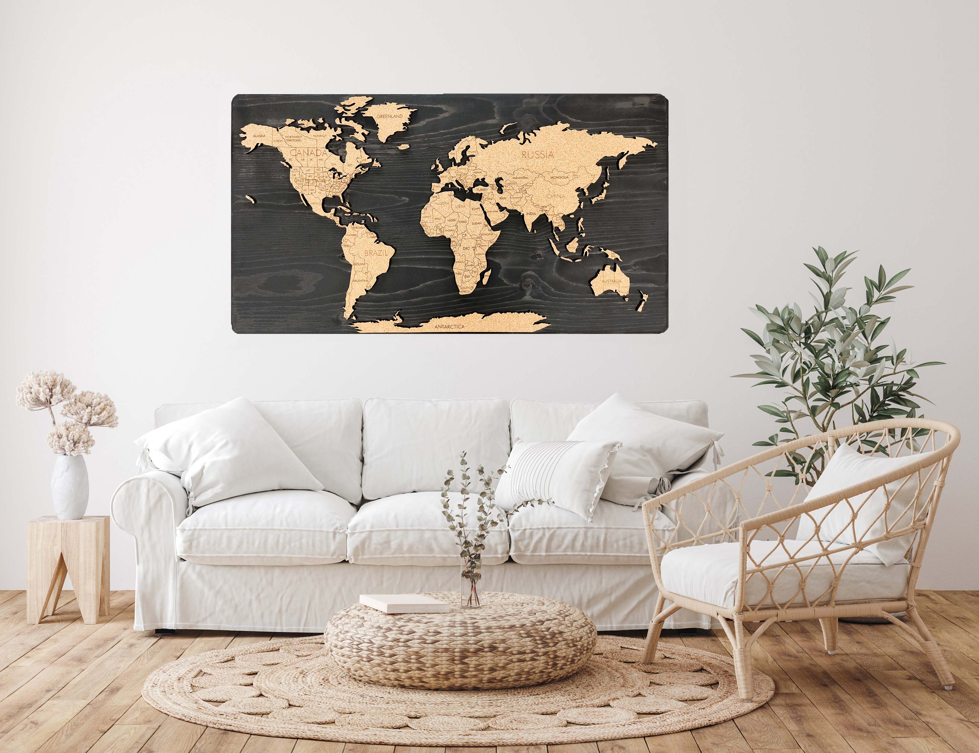 Cork & Wood 3D World Pin Map | 44 x 24 | Labelled
