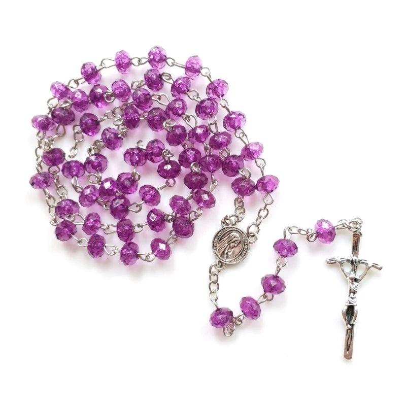 Purple Bead Rosary Necklace Bead Chain Pendant Ornament for Home Church Yoga Room Decorations Gift B03E