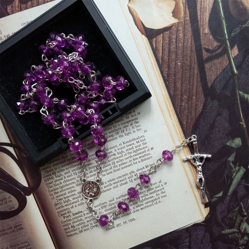 Purple Bead Rosary Necklace Bead Chain Pendant Ornament for Home Church Yoga Room Decorations Gift B03E