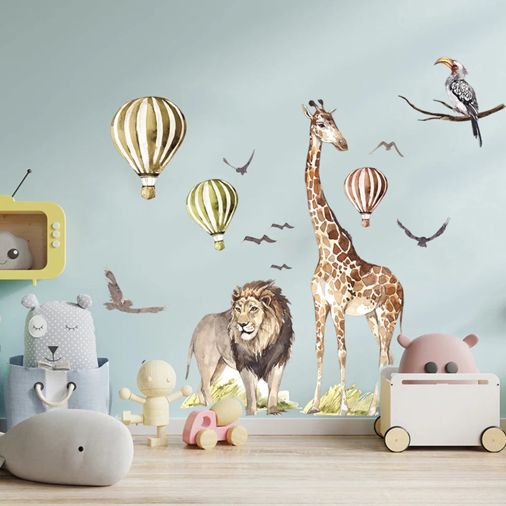 Watercolor Safari Giraffe Animal Bird Wall Sticker Playroom Bedroom Jungle Woodland Wildlife Wall Decal Home Decor
