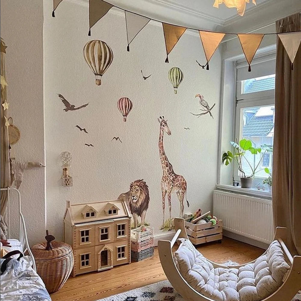 Watercolor Safari Giraffe Animal Bird Wall Sticker Playroom Bedroom Jungle Woodland Wildlife Wall Decal Home Decor