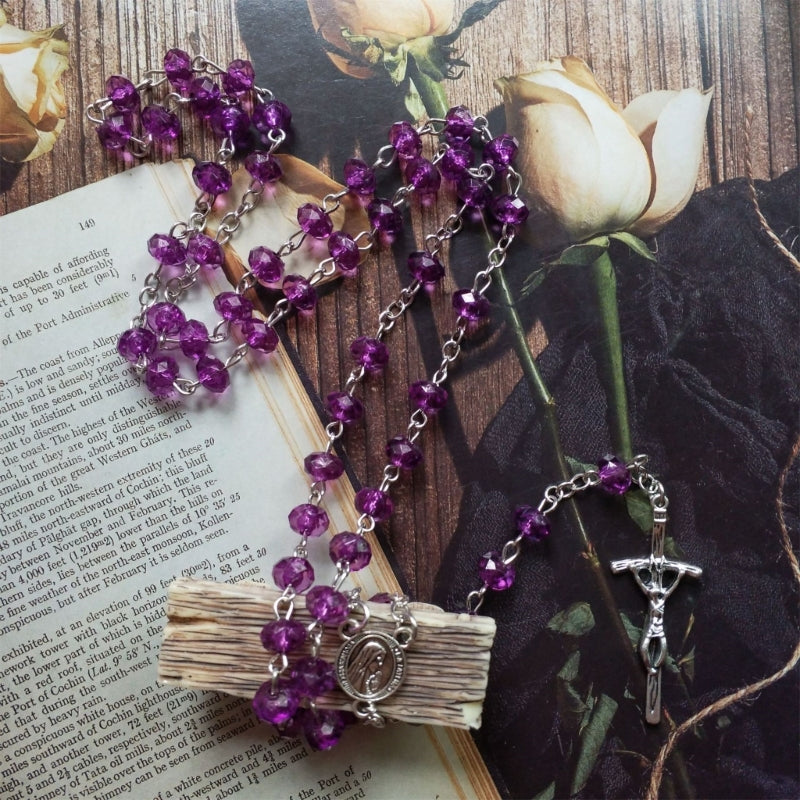 Purple Bead Rosary Necklace Bead Chain Pendant Ornament for Home Church Yoga Room Decorations Gift B03E