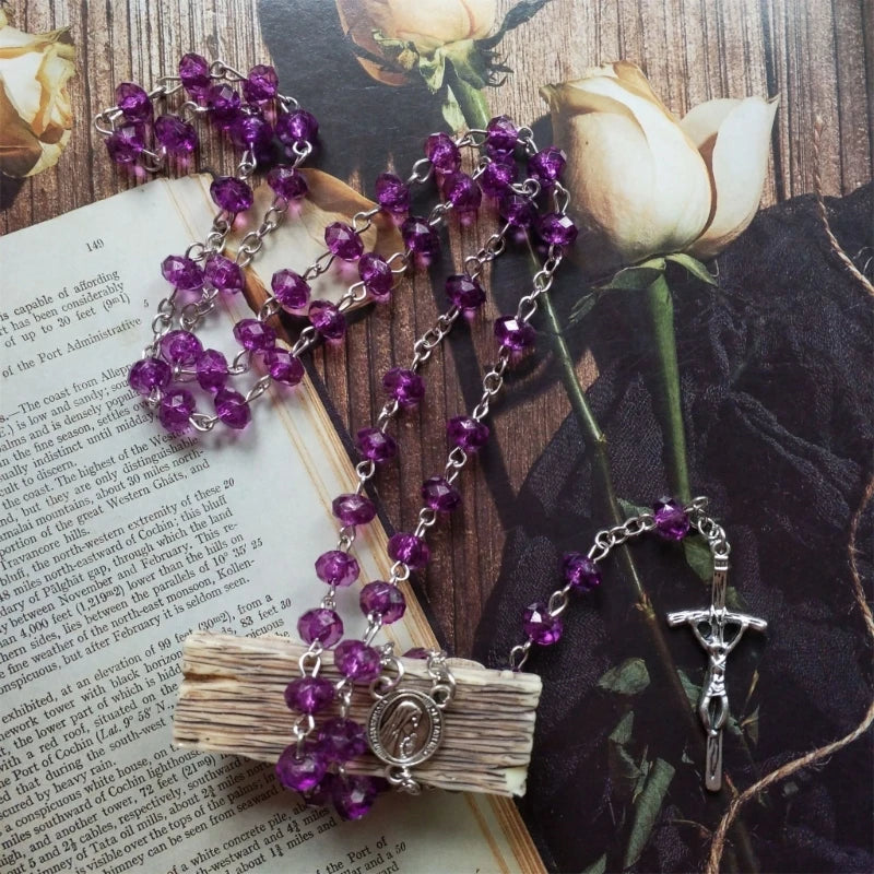 Purple Bead Rosary Necklace Bead Chain Pendant Ornament for Home Church Yoga Room Decorations Gift B03E