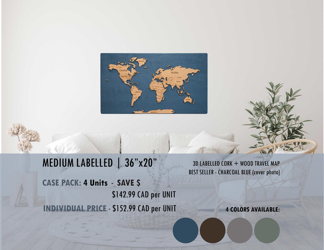 Cork & Wood 3D World Pin Map | 36 x 20 | Labelled