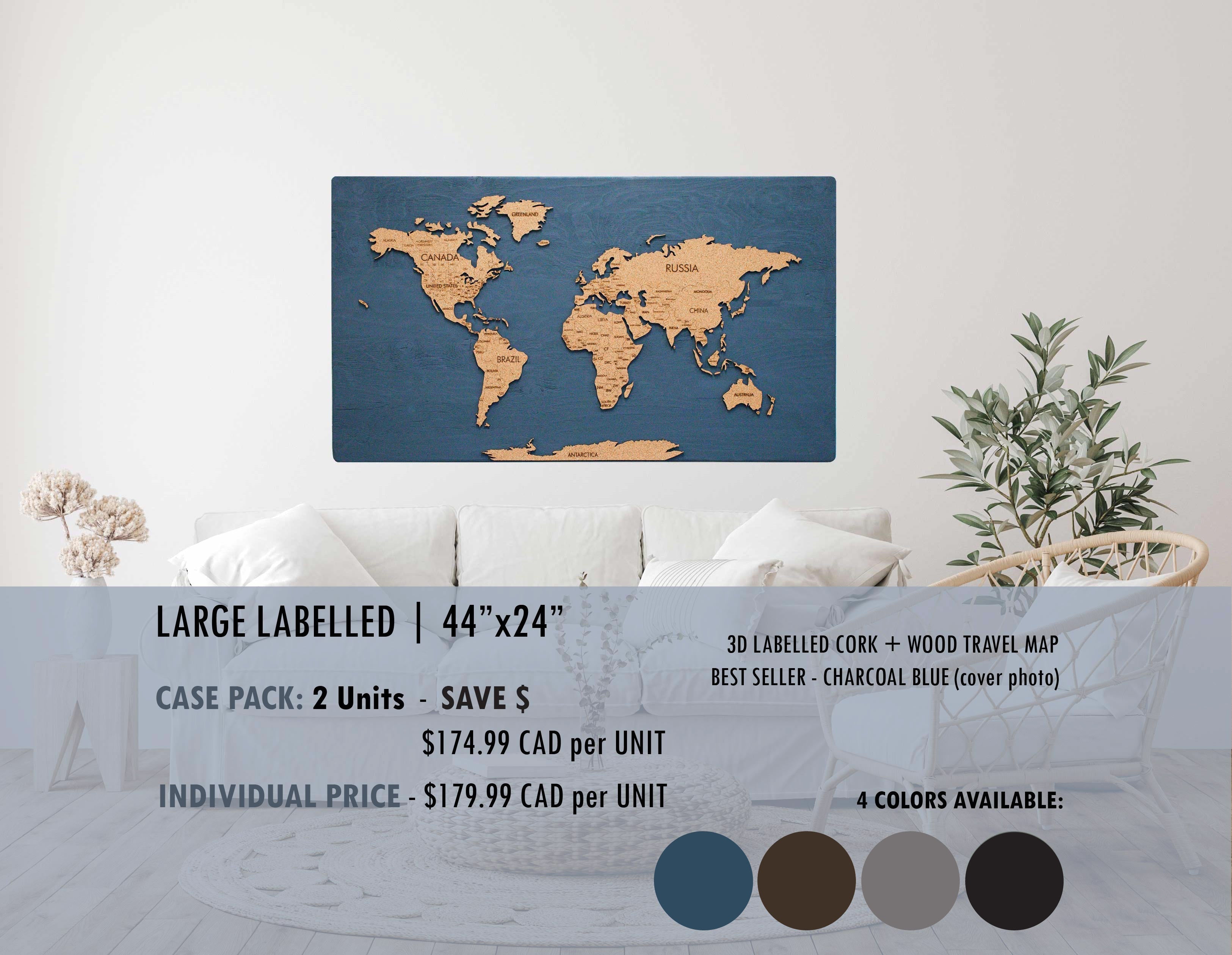 Cork & Wood 3D World Pin Map | 44 x 24 | Labelled