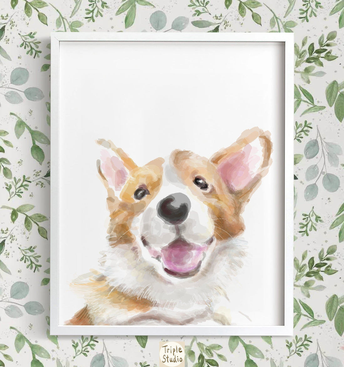 Happy Corgi Dog Wall Art: Pembroke Welsh Puppy Modern Watercolor Painting