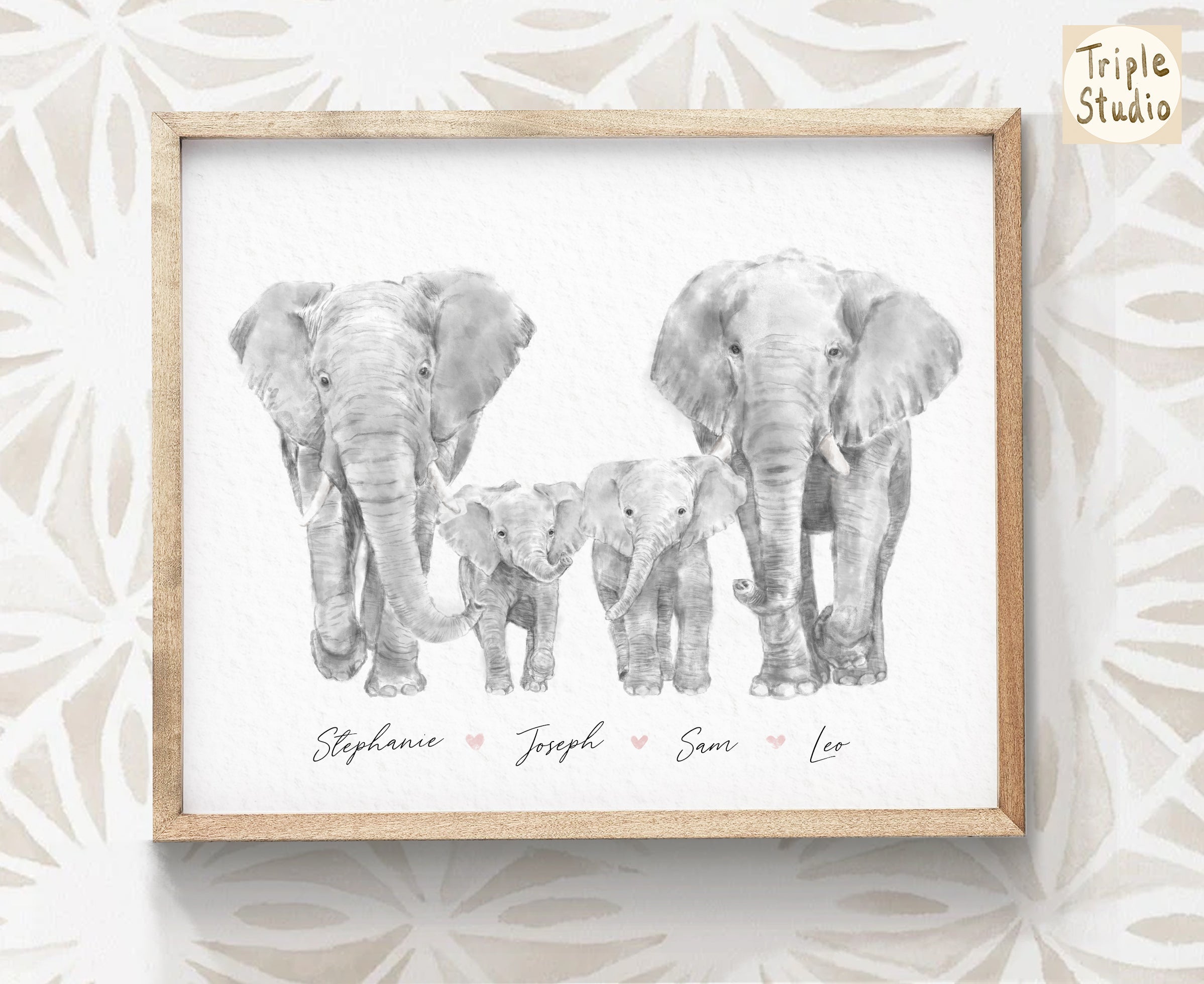 Elephant Family Portrait Print with Personalized Names