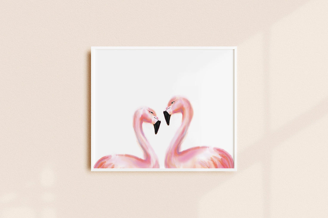 Flamingo in Love Watercolor Painting: Light Pink Wall Art