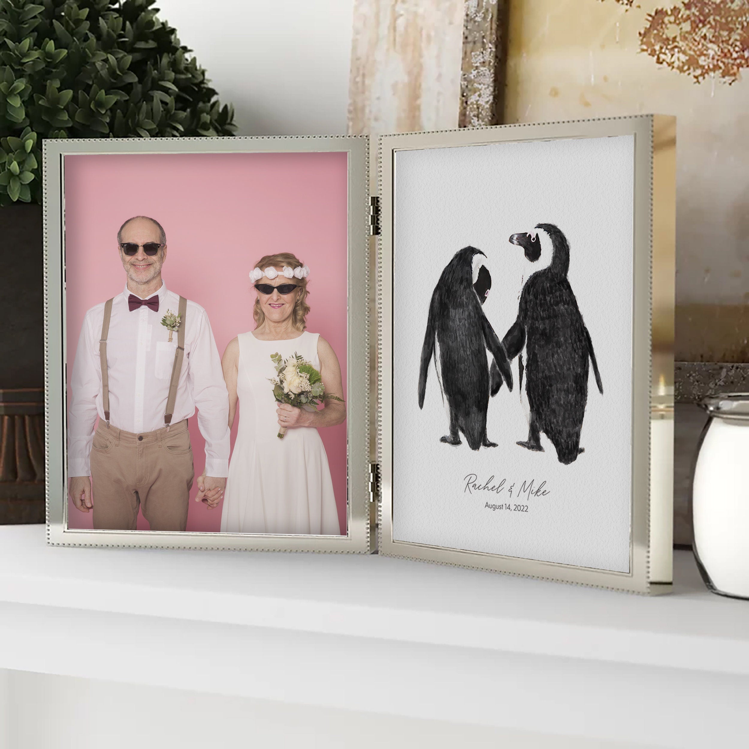 Personalized Wedding Gift - Penguin in Love Wall Art for Newly Wed Couple