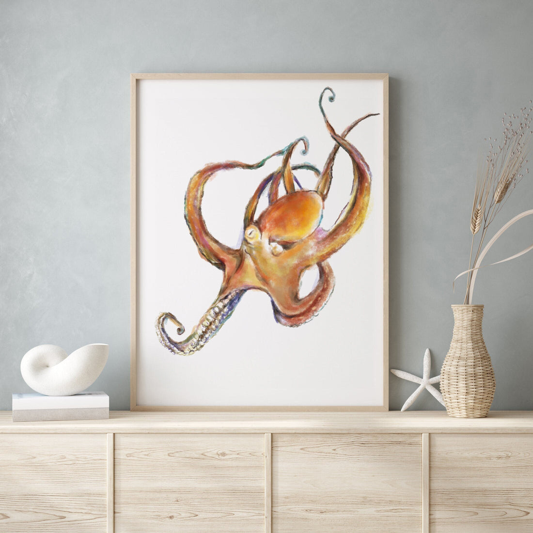 Vibrant Octopus Watercolor Art - Original Minimalistic Colorful Ocean Marine Animal Wall Decor, Tropical Wall Painting, Signed by Artist