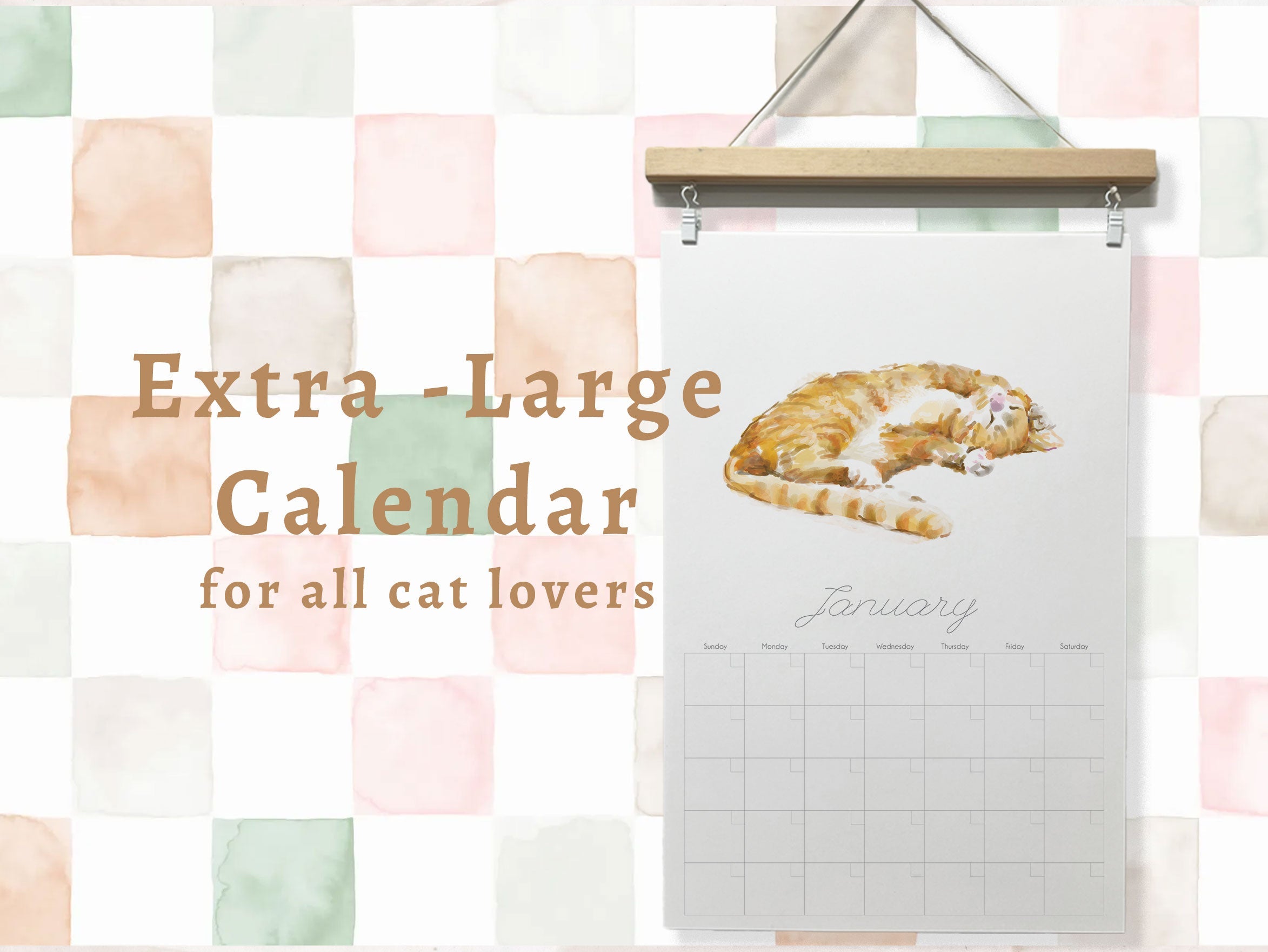 Large Cat Wall Planner with Watercolor Art, Magnetic Poster Hanger Included