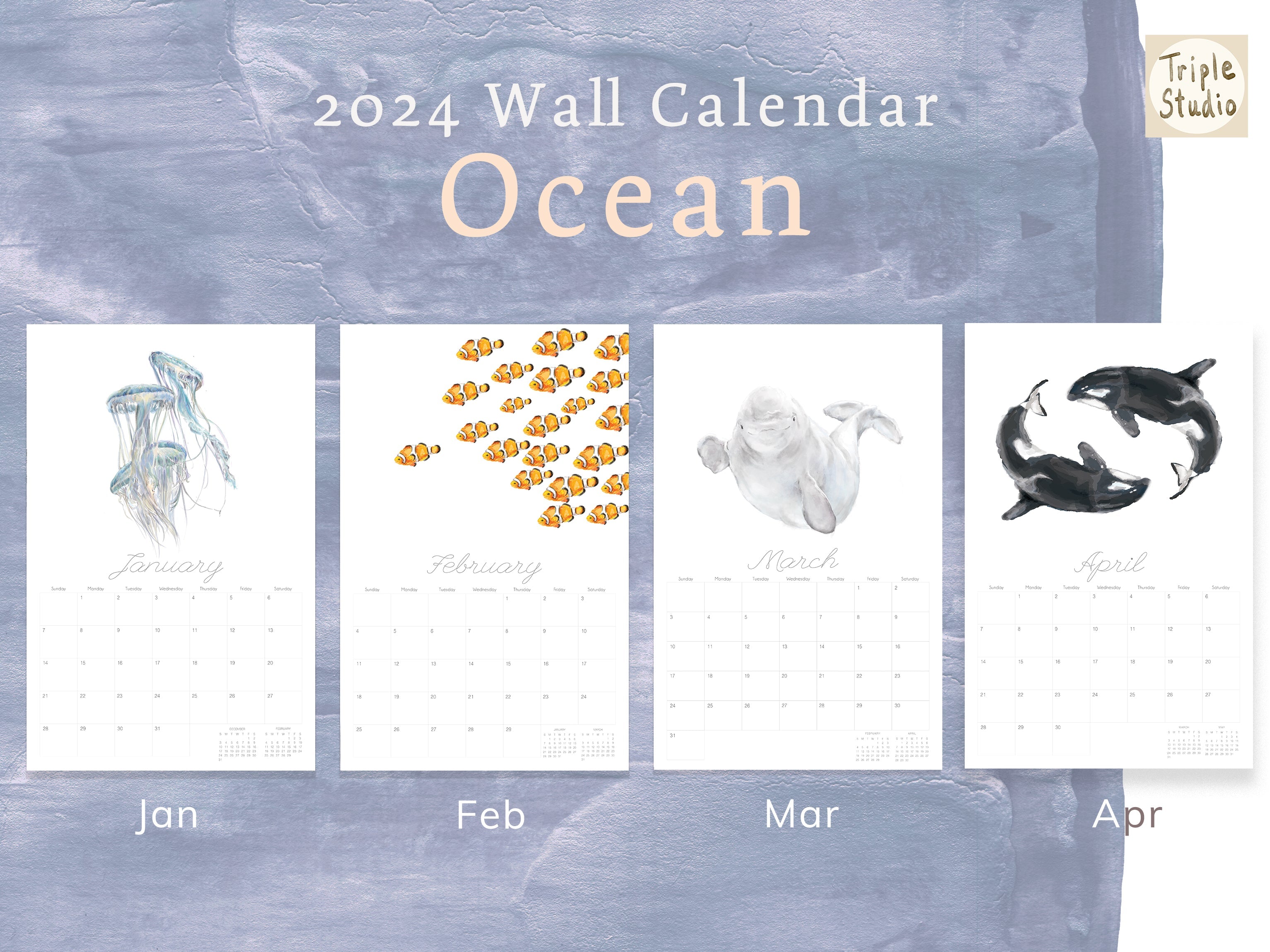 DATELESS Extra Large Wall Calendar with Magnetic Poster Hanger - OCEAN