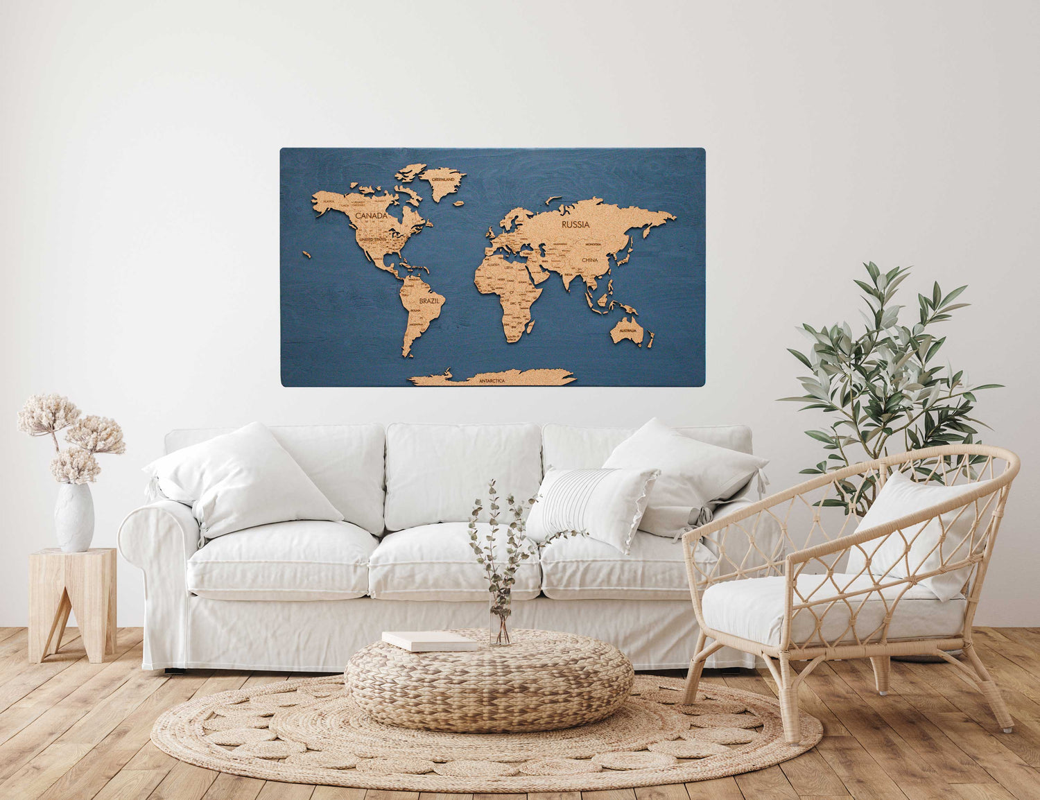 Cork &amp; Wood 3D World Pin Map | 44 x 24 | Labelled