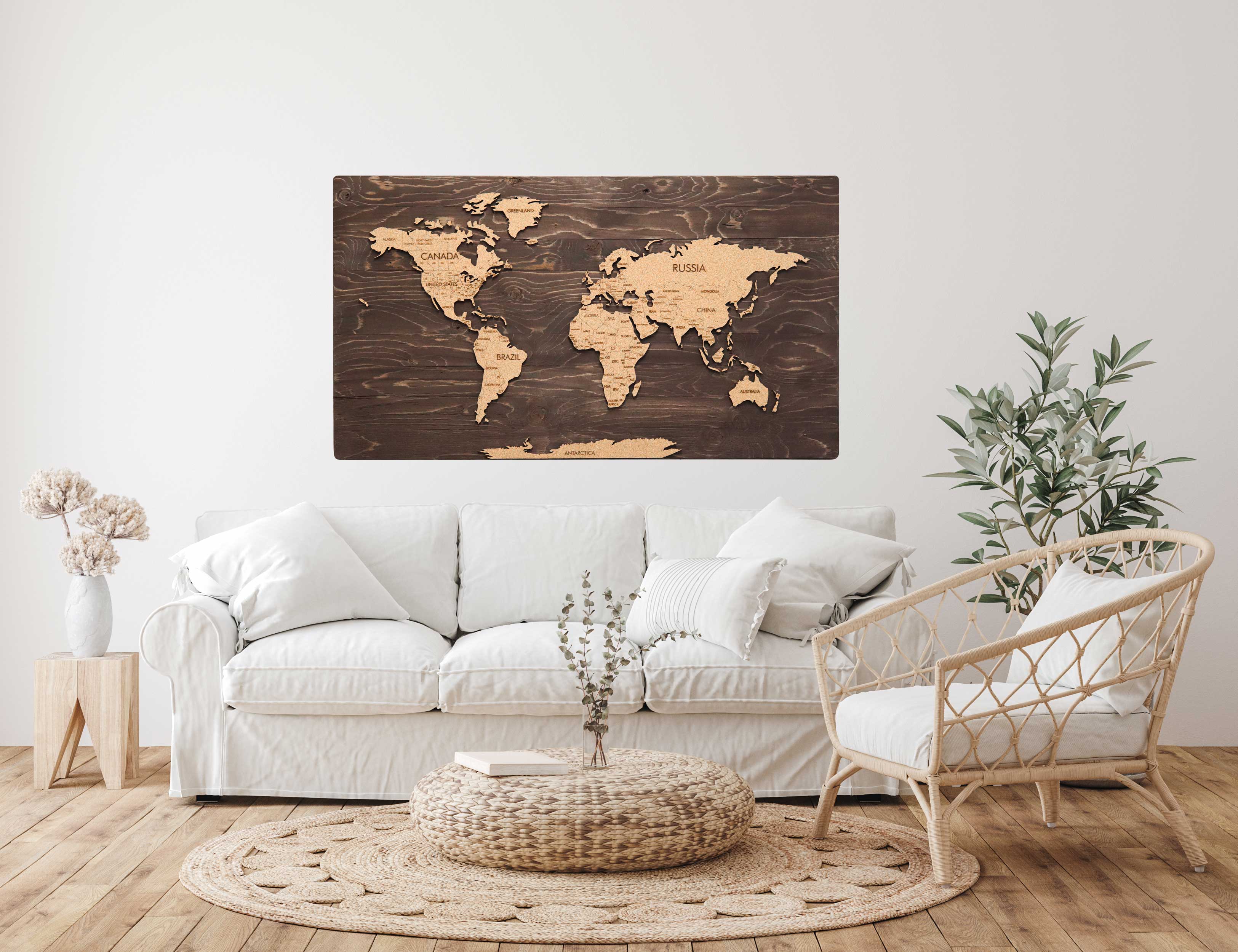 Cork &amp; Wood 3D World Pin Map | 44 x 24 | Labelled