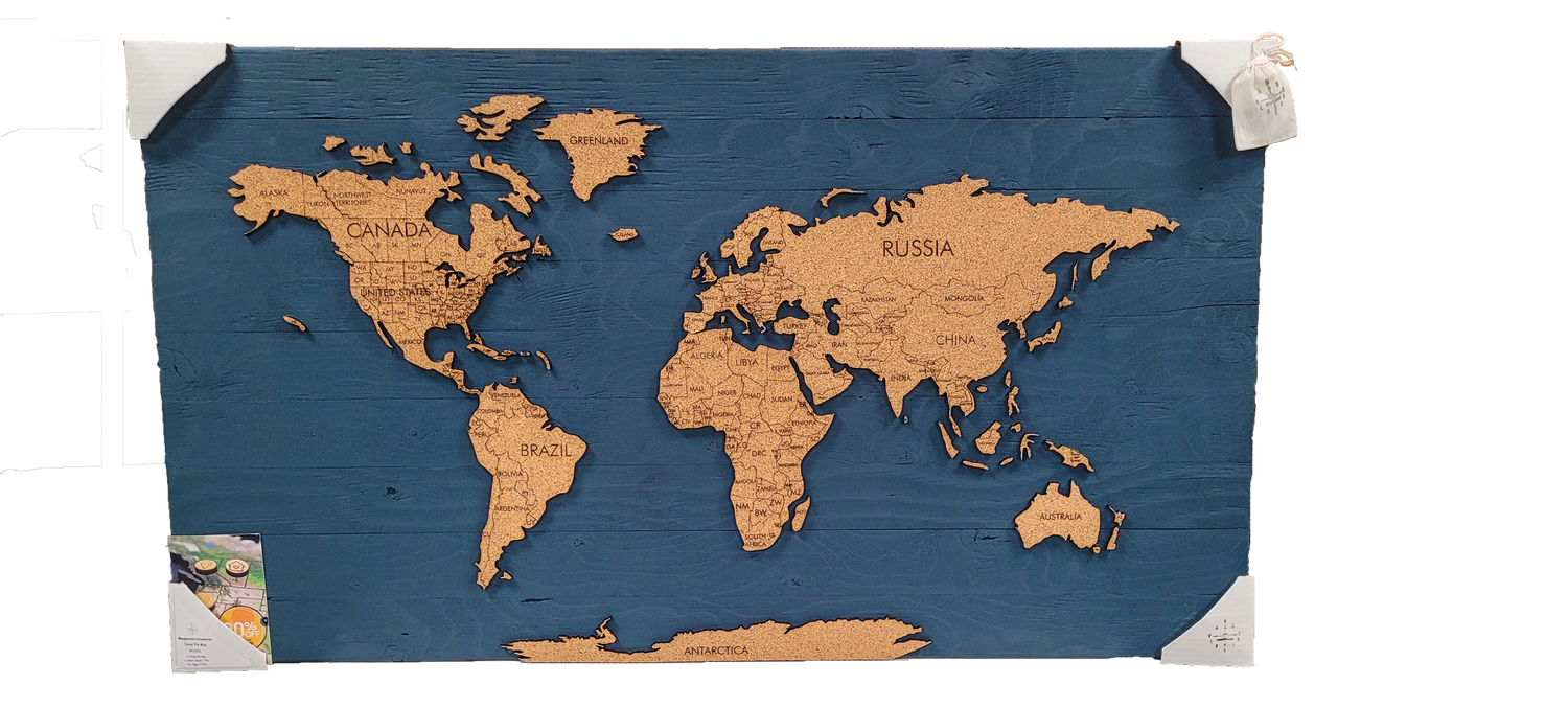 Cork &amp; Wood 3D World Pin Map | 44 x 24 | Labelled