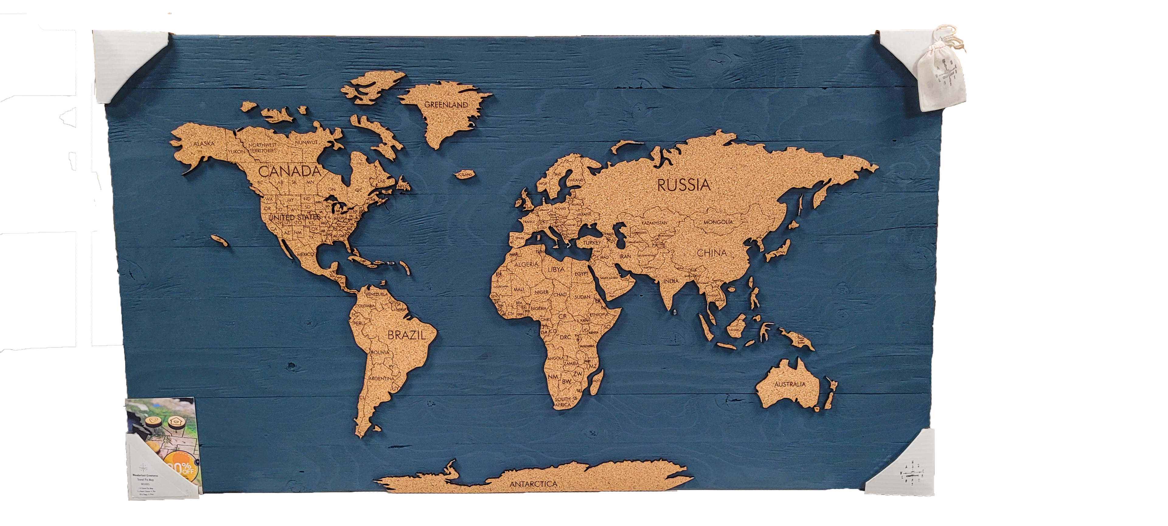 Cork &amp; Wood 3D World Pin Map | 44 x 24 | Labelled