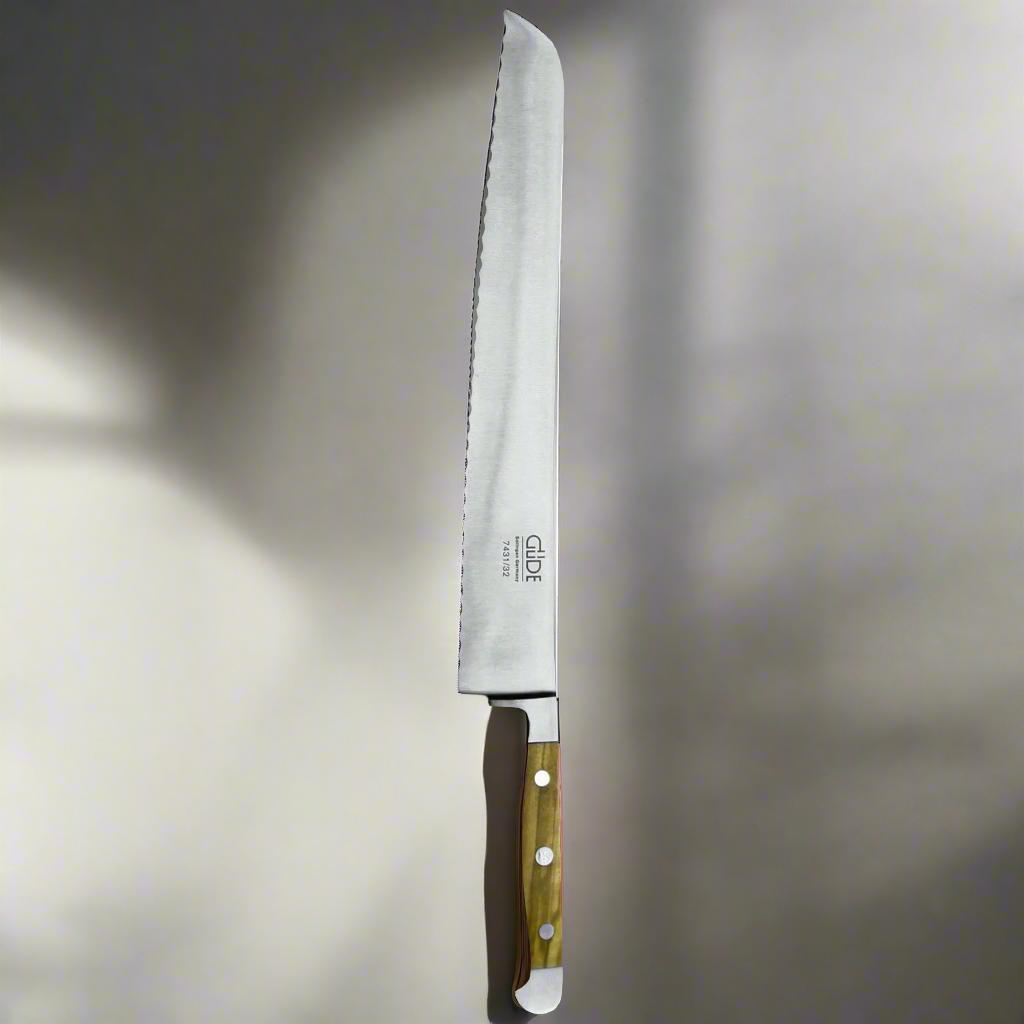 ALPHA OLIVE | Bread Knife Franz Dude 12.5 &quot; Left hand Version| Forged steel / Olive Wood Handle