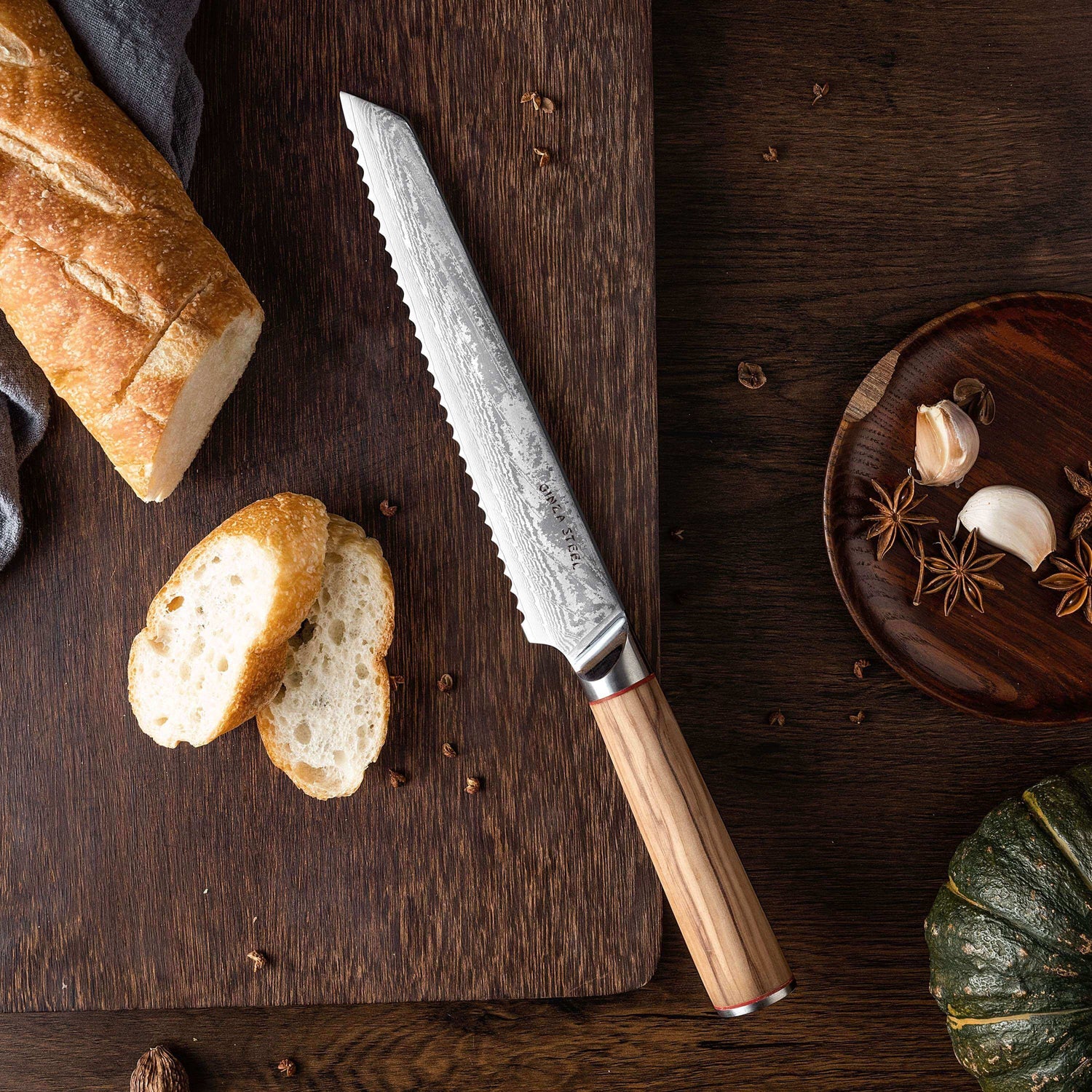 MIA Z | BREAD KNIFE 8&quot; Damascus AUS10 Steel 67 Layer / Olive Wood handle