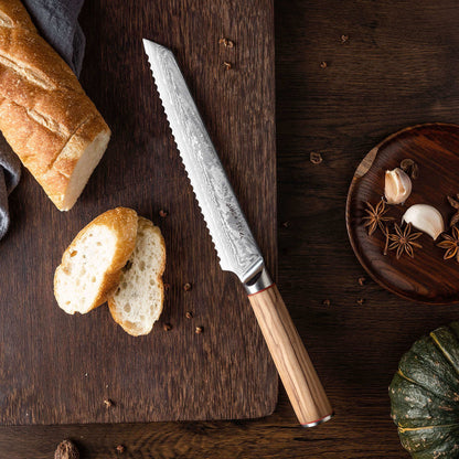 MIA Z | BREAD KNIFE 8&quot; Damascus AUS10 Steel 67 Layer / Olive Wood handle