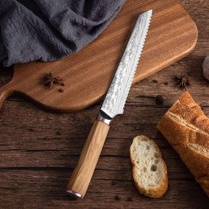 MIA Z | BREAD KNIFE 8&quot; Damascus AUS10 Steel 67 Layer / Olive Wood handle
