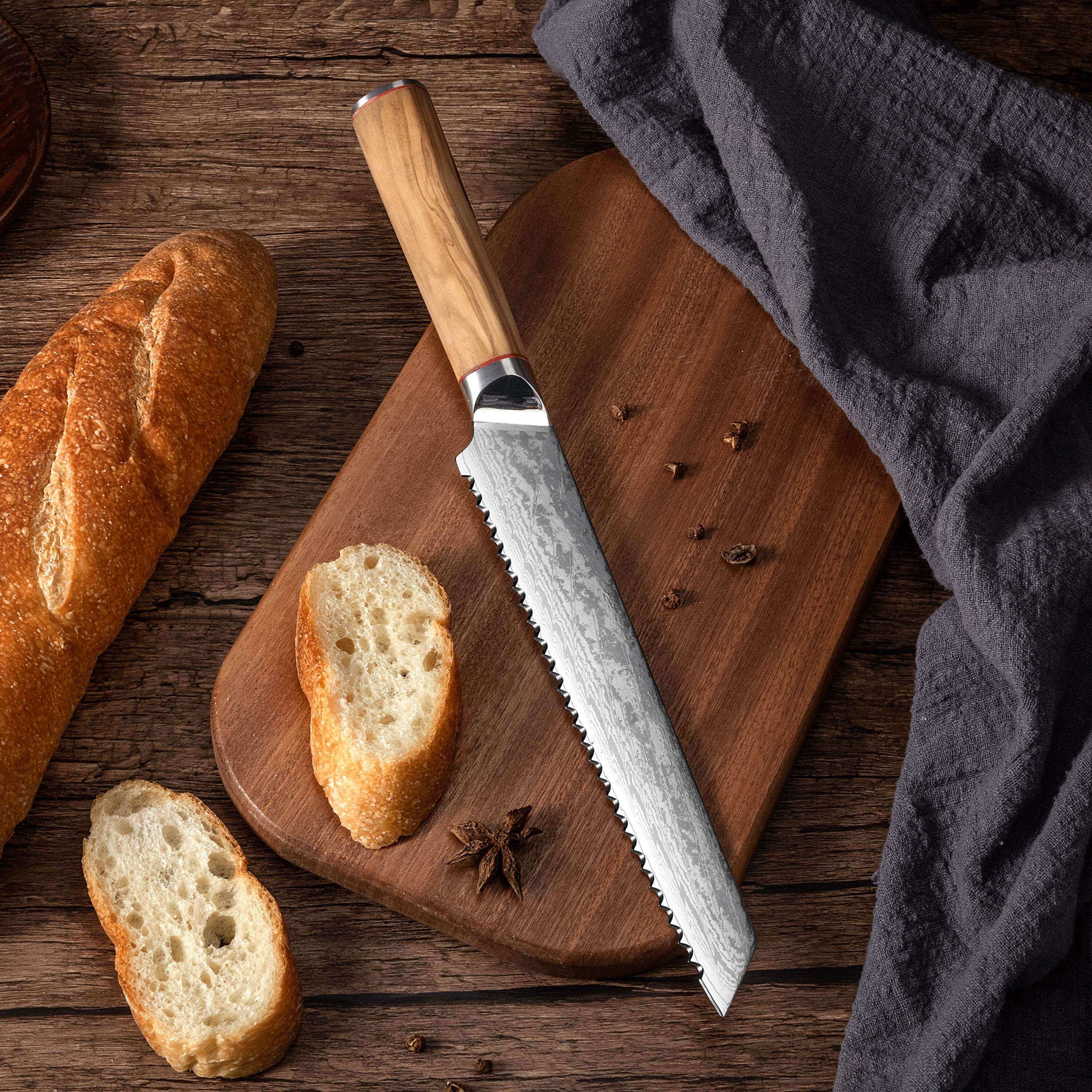 MIA Z | BREAD KNIFE 8&quot; Damascus AUS10 Steel 67 Layer / Olive Wood handle