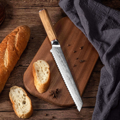 MIA Z | BREAD KNIFE 8&quot; Damascus AUS10 Steel 67 Layer / Olive Wood handle