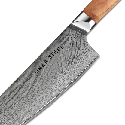 Ginza Steel MIA 24 Chef Knife 9” – Damascus AUS10, 67-Layer, Olive Wood Handle