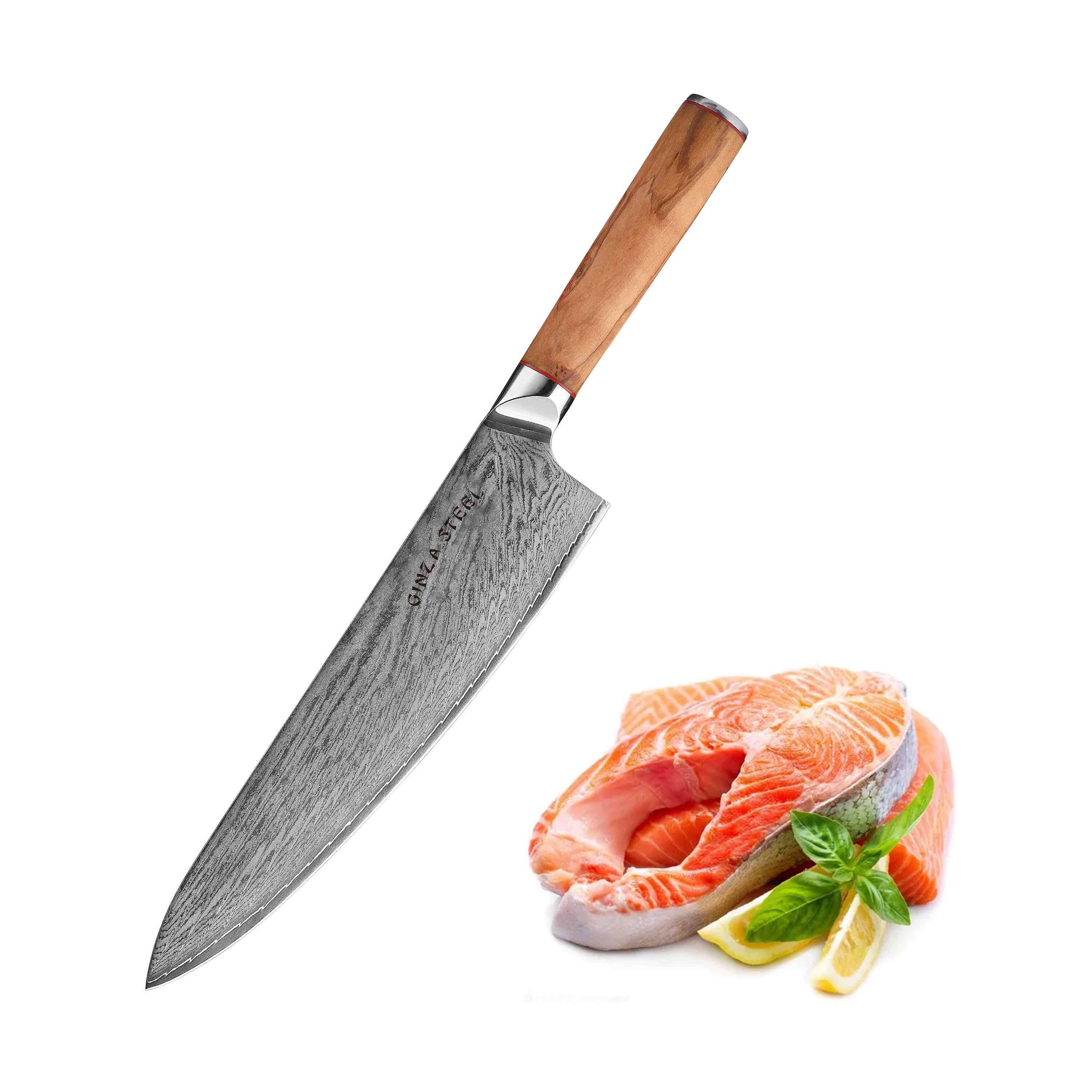 Ginza Steel MIA 24 Chef Knife 9” – Damascus AUS10, 67-Layer, Olive Wood Handle