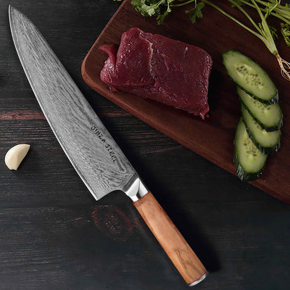 Ginza Steel MIA 24 Chef Knife 9” – Damascus AUS10, 67-Layer, Olive Wood Handle