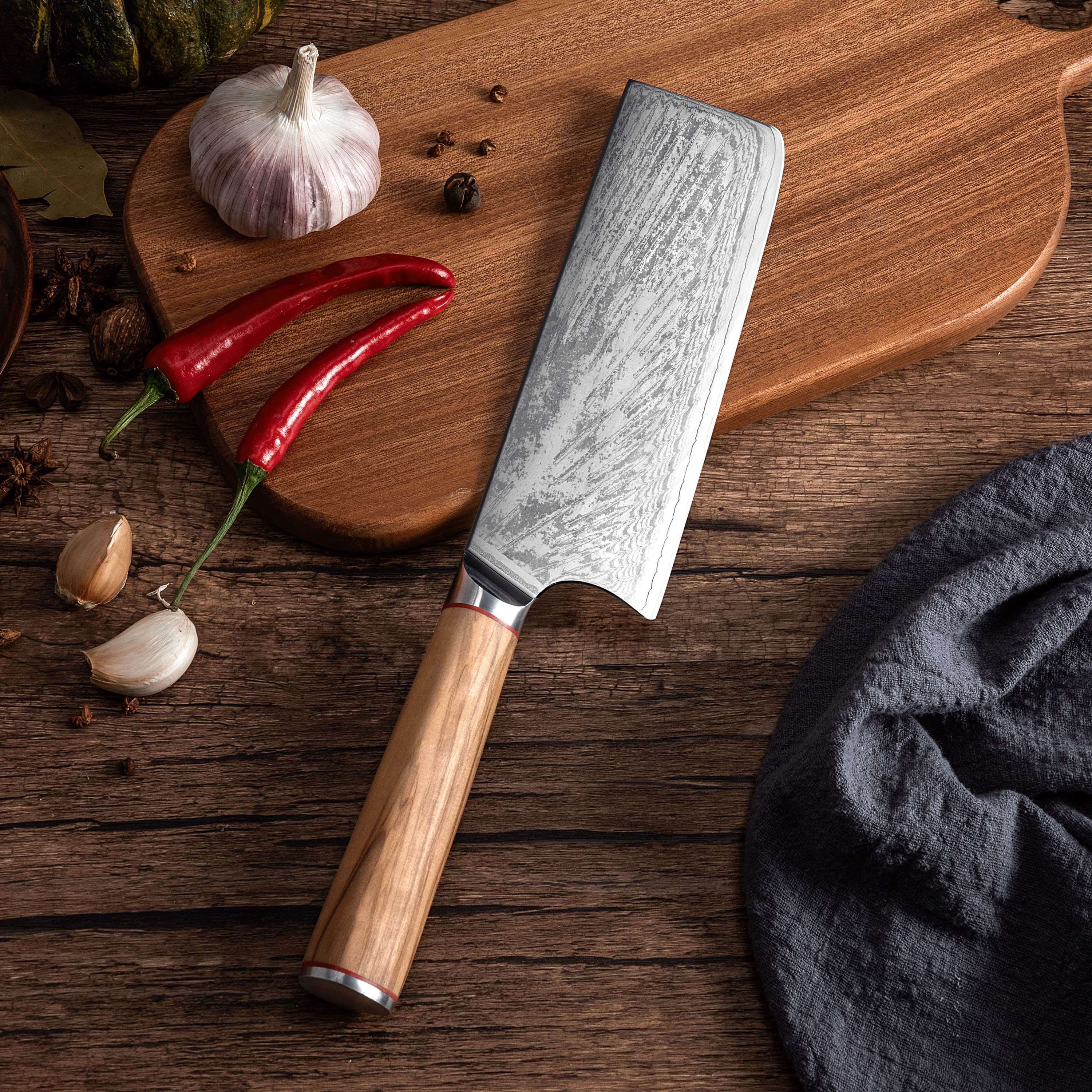 MIA X | Cleaver Knife 7&quot; Damascus AUS10 Steel 67 Layer / Olive Wood handle