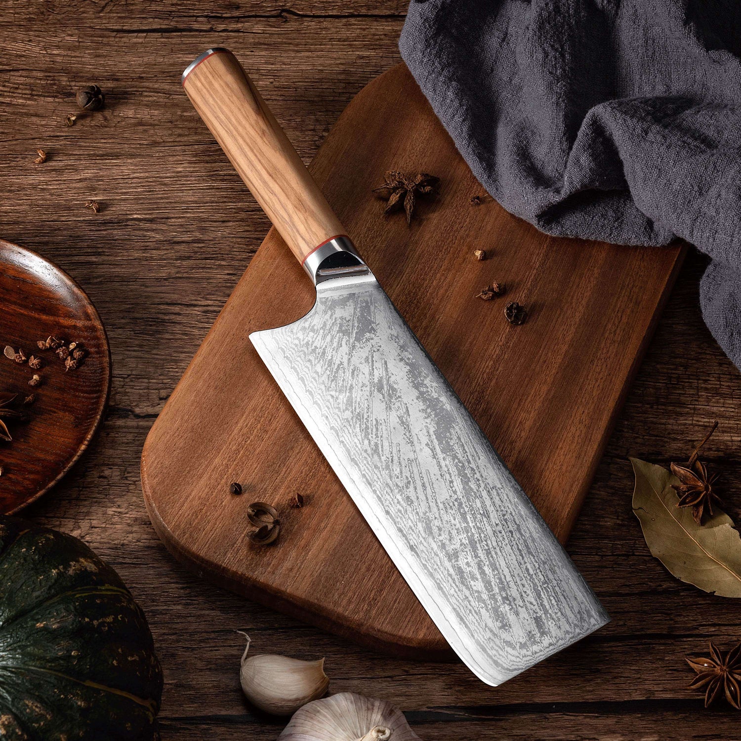 MIA X | Cleaver Knife 7&quot; Damascus AUS10 Steel 67 Layer / Olive Wood handle