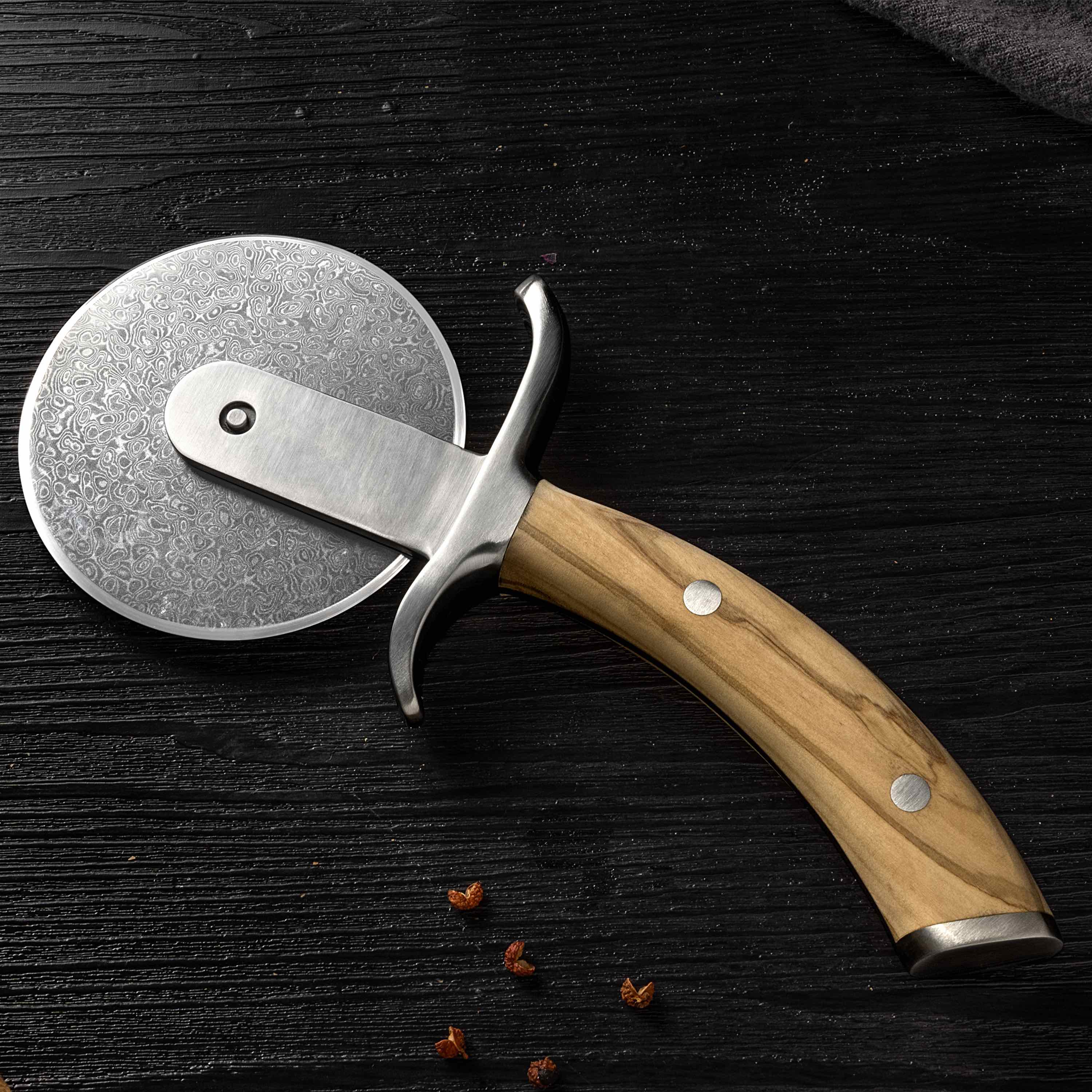 Ginza Steel MIA Pizza Slicer – Stainless Blade with Olive Wood Handle