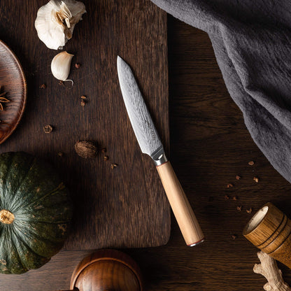 Ginza Steel MIA 12 Utility Knife 5” – Damascus AUS10, 67-Layer, Olive Wood Handle