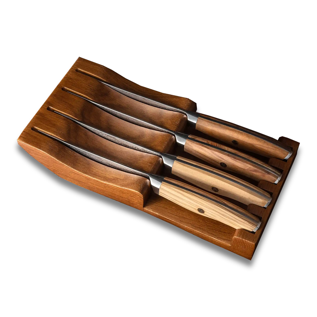 Ginza Steel AMELIA Five – 4-Piece VG10 Damascus Steel Steak Knife Set with Wood Block