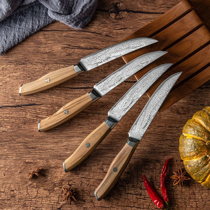 Ginza Steel AMELIA Five – 4-Piece VG10 Damascus Steel Steak Knife Set with Wood Block