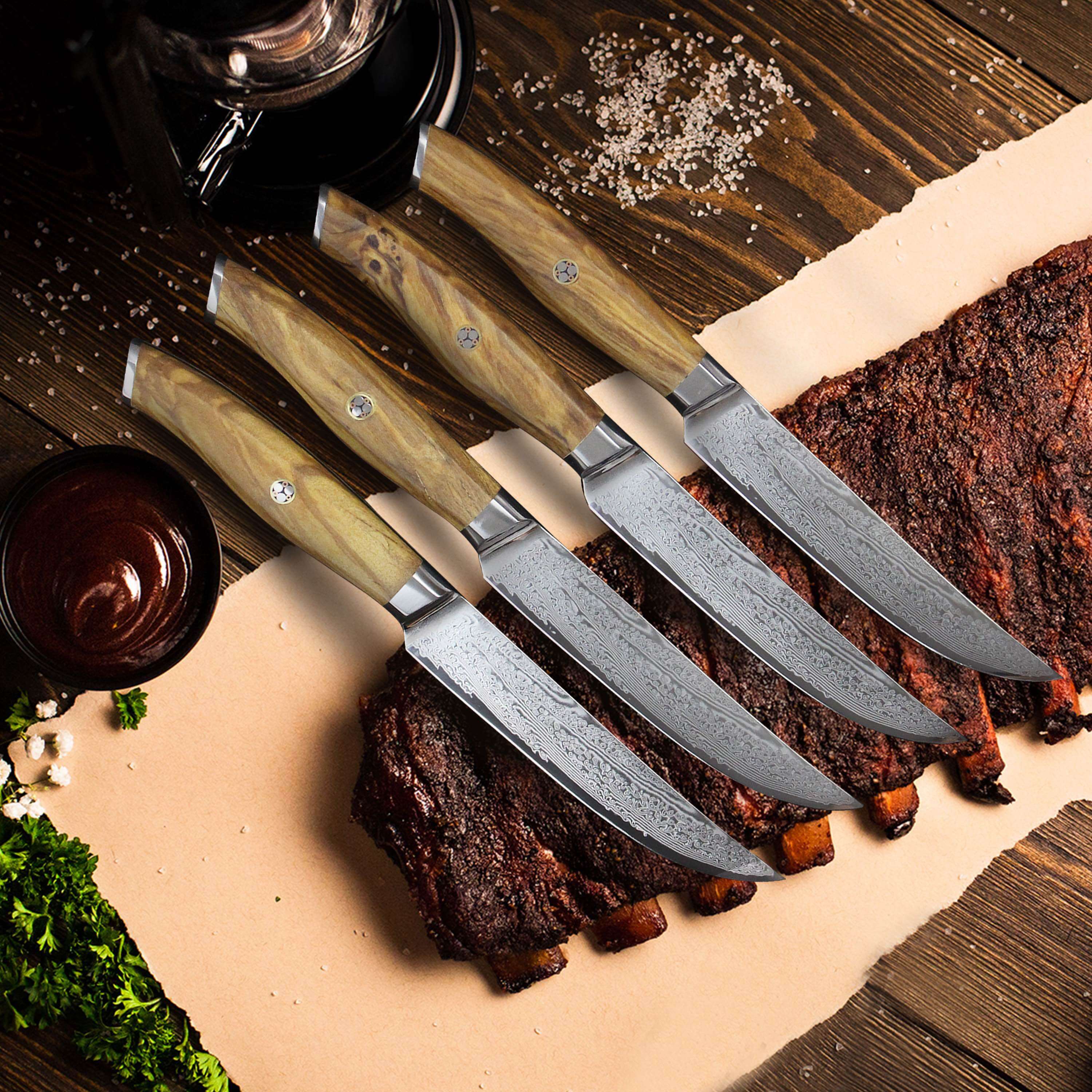 Ginza Steel AMELIA Five – 4-Piece VG10 Damascus Steel Steak Knife Set with Wood Block