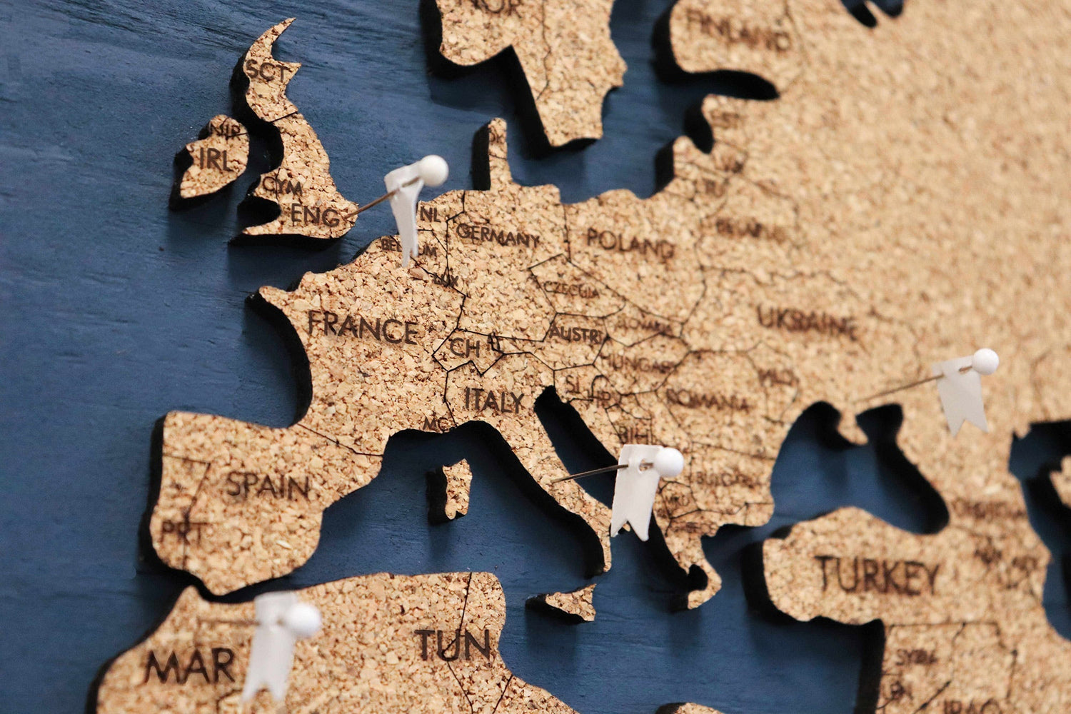 Cork &amp; Wood 3D World Pin Map | 36 x 20 | Labelled