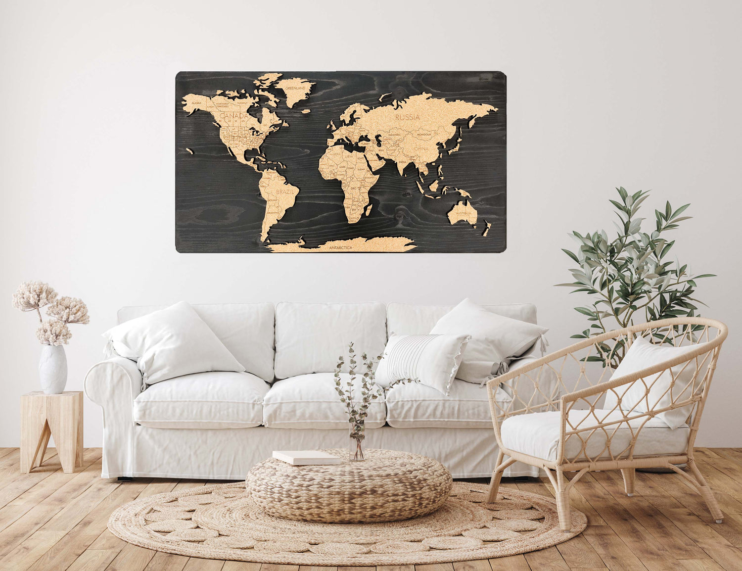 Cork &amp; Wood 3D World Pin Map | 44 x 24 | Labelled