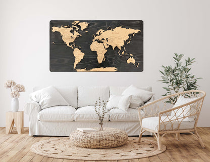 Cork &amp; Wood 3D World Pin Map | 44 x 24 | Labelled