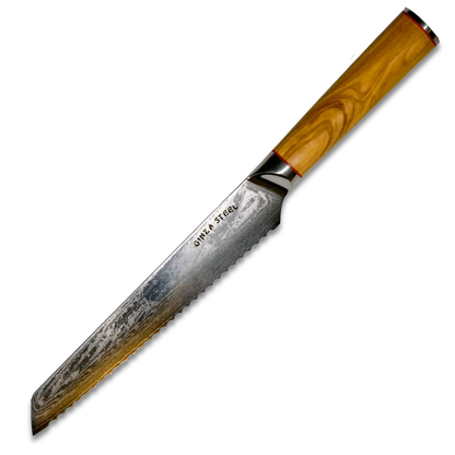 MIA Z | BREAD KNIFE 8&quot; Damascus AUS10 Steel 67 Layer / Olive Wood handle