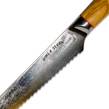 MIA Z | BREAD KNIFE 8&quot; Damascus AUS10 Steel 67 Layer / Olive Wood handle