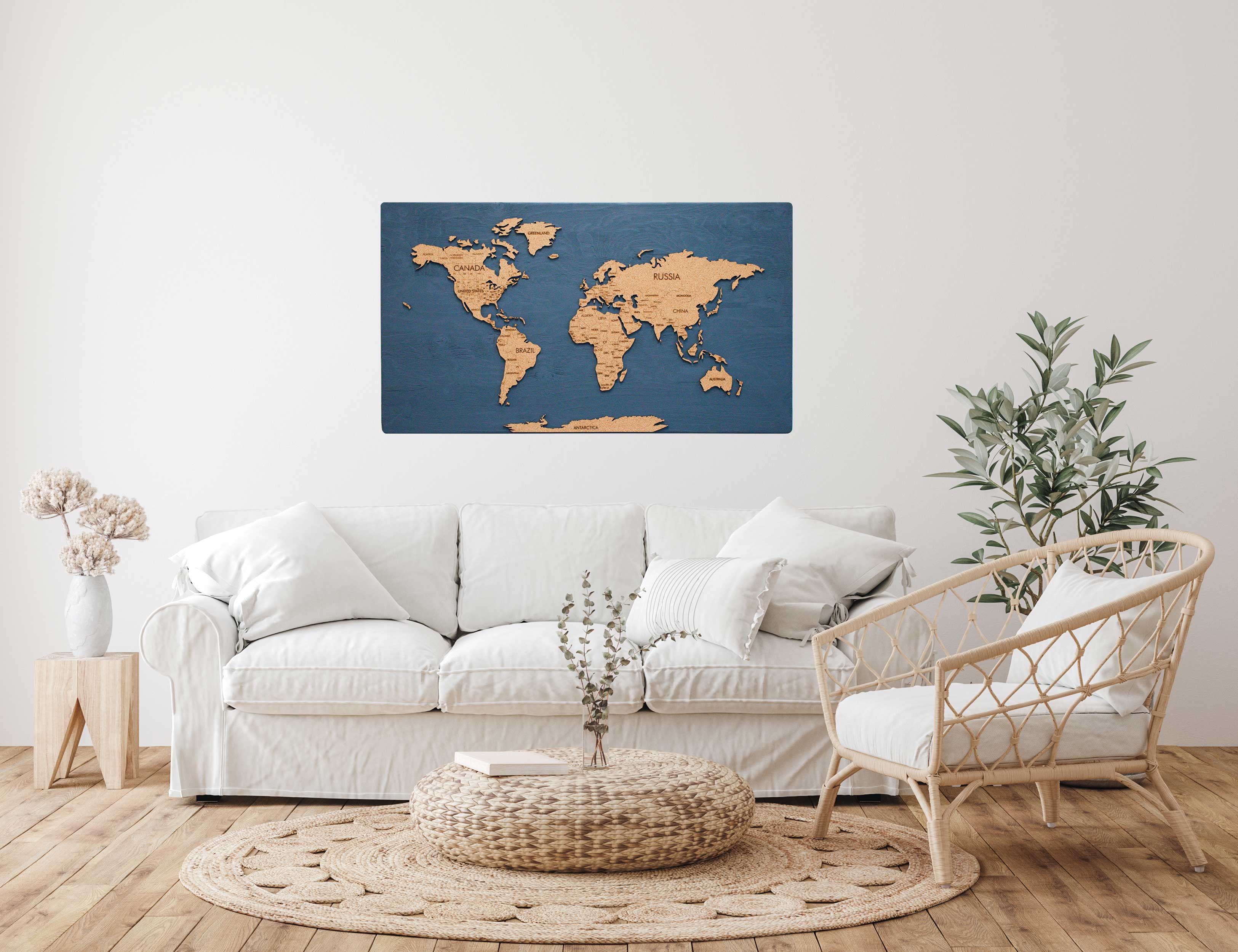 Cork &amp; Wood 3D World Pin Map | 36 x 20 | Labelled
