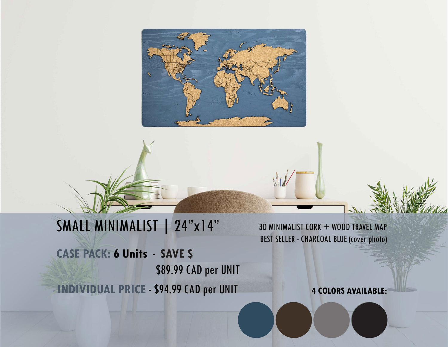 Cork &amp; Wood 3D World Pin Map | 24 x 14