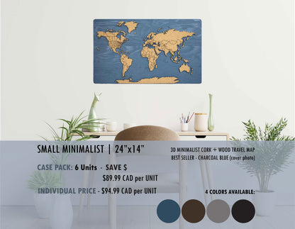 Cork &amp; Wood 3D World Pin Map | 24 x 14