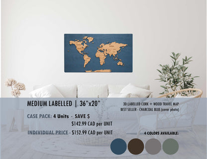 Cork &amp; Wood 3D World Pin Map | 36 x 20 | Labelled