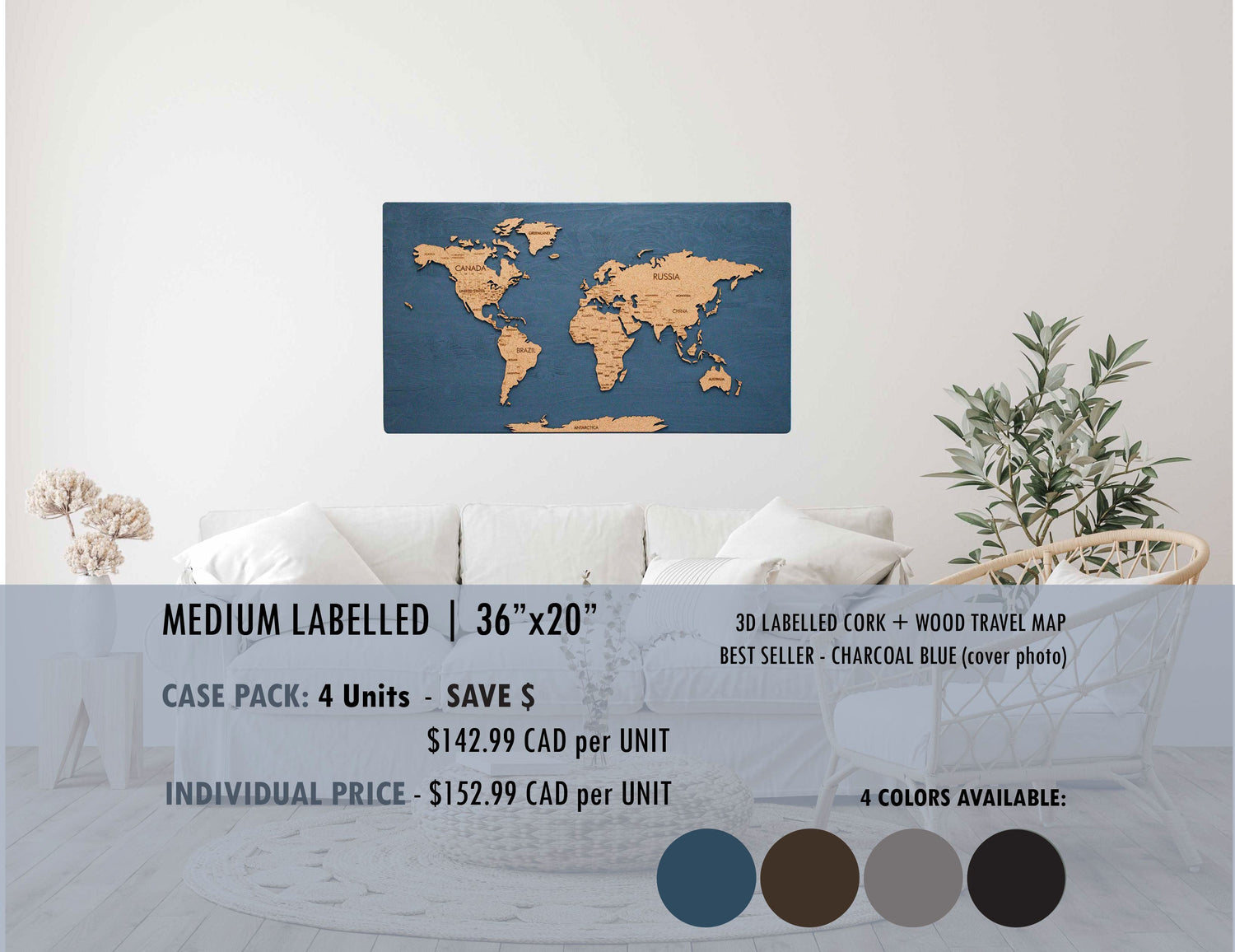 Cork &amp; Wood 3D World Pin Map | 36 x 20 | Labelled