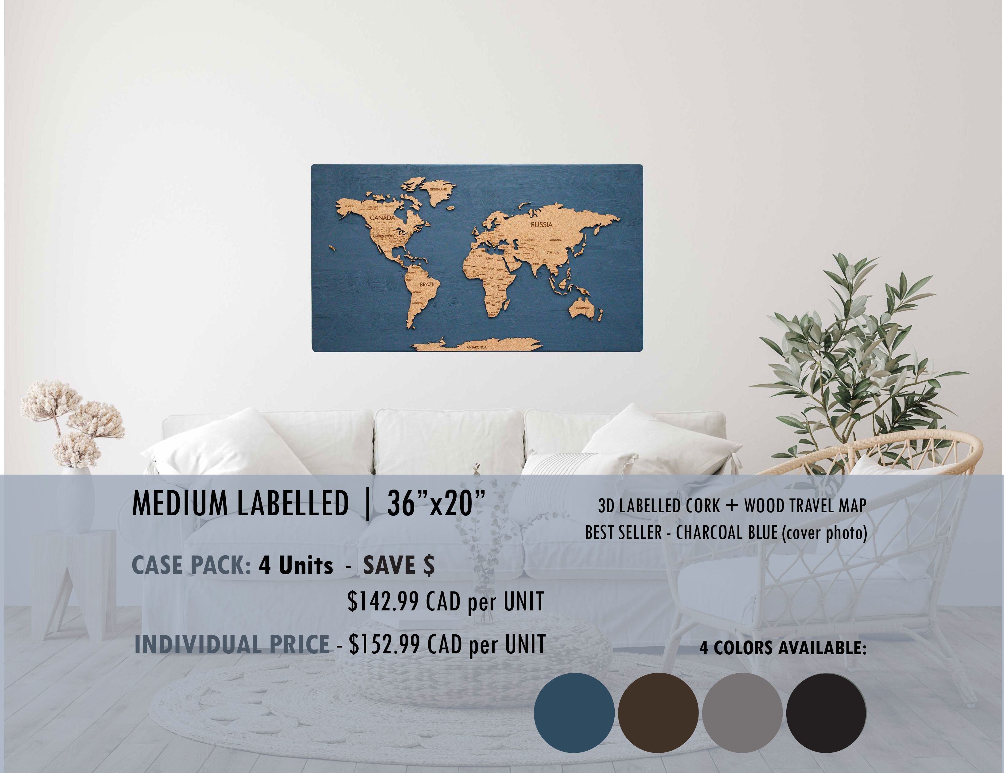 Cork &amp; Wood 3D World Pin Map | 36 x 20 | Labelled